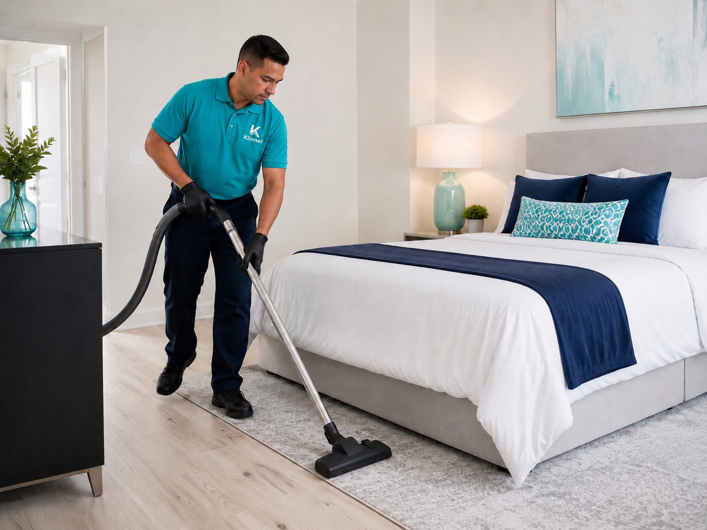 Klinner team vacuuming bedroom
